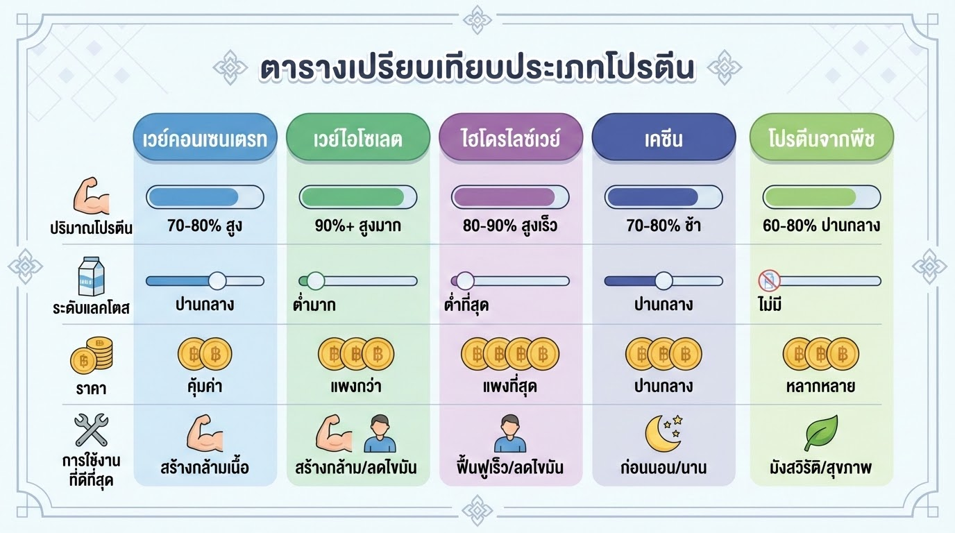 ประเภทของเวย์โปรตีน และโปรตีนทางเลือก (เวย์, เคซีน, โปรตีนจากพืช ฯลฯ) เลือกแบบไหนดีให้ตรงเป้าหมาย