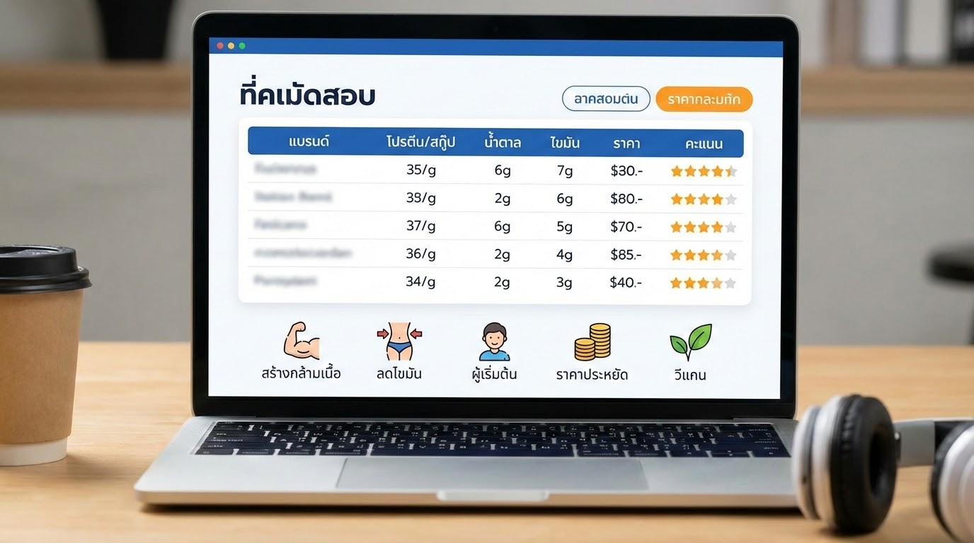 เวย์โปรตีนยี่ห้อไหนดี? เกณฑ์การเลือก + จัดอันดับ/แนะนำยี่ห้อเด่นตามเป้าหมาย (เพิ่มกล้าม, ลดไขมัน, มือใหม่, งบประหยัด, สายวีแกน)